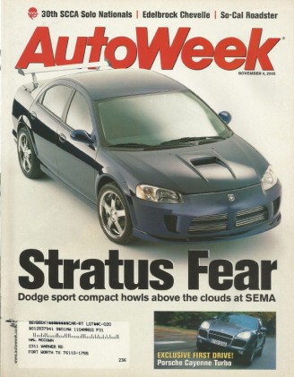 AUTOWEEK 2002 NOV 04 - CAYENNE TURBO, MIURA S, '67 SS396 EDLEBROCK CHEVELLE